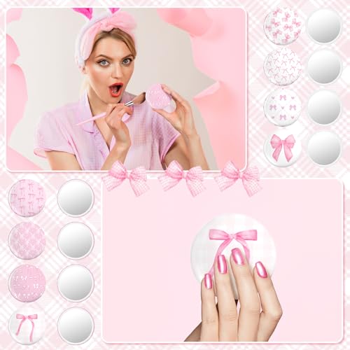Namalu 48 Pcs Pink Bow Party Favors Pink Bow Coquette Mini Pocket Mirrors Inspirational Christian Gifts Bulk for Women Portable Round Makeup Mirror Church Religious(Cute Style)