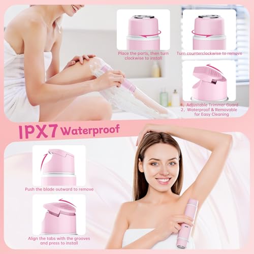 Bikini Trimmer for Women, 2-in-1 Electric Razors for Women with Dual Head, IPX7 Waterproof Wet & Dry Electric Shaver for Women, Womens Electric Razor for Bikini, Pubic Hair, Underarm, Legs and Arms