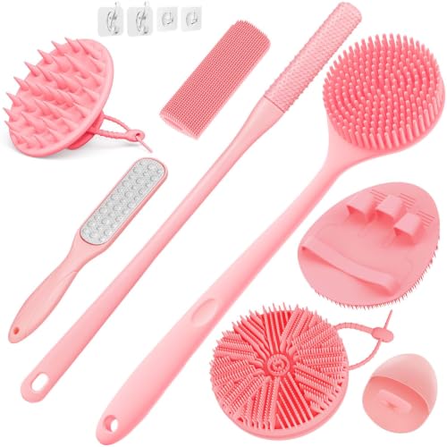 Pink Silicone Body & Scalp Brush Set - 8PCS Personal Care Kit