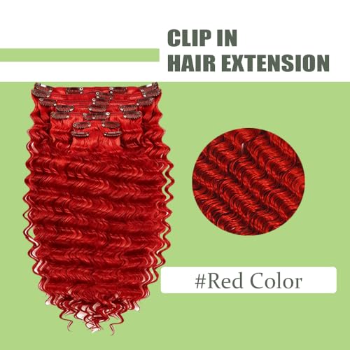 Red Deep Wave Clip-In Hair Extensions - 14 Inch Real Remy Human Hair, 7pcs, 120g - Variation CP RED D