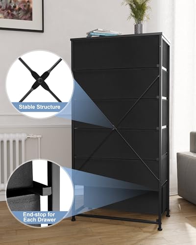 Tall 6-Drawer Fabric Storage Tower Dresser for Closet Black Wide - Space Saver Organizer