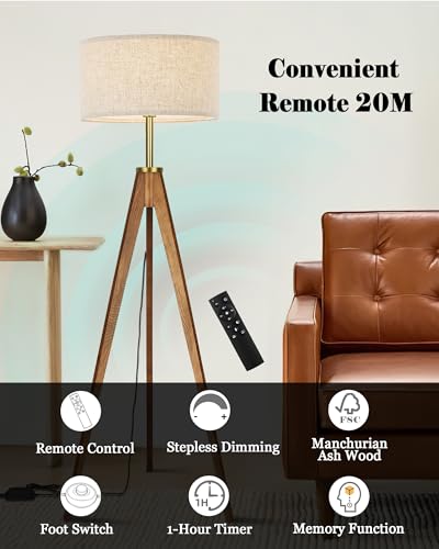 Ash Wood Brown Floor Lamp with Remote Control - Dimmable Tripod Standing Lamp for Living Room & Bedroom