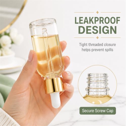 1oz Clear Glass Dropper Bottles Bulk Pack of 99 with Leakproof Gold Caps – Essential Oils, DIY Serums, Storage