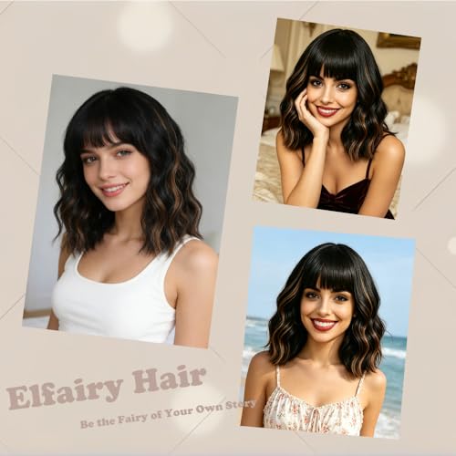Black Highlights Brown Wig with Bangs - 12-Inch Short Wavy Curly Bob Hair