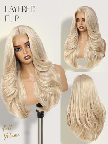 Blonde Layered Wavy Wig with Curtain Bangs - Synthetic Flawless 24 Inch - Mixed Blonde