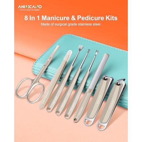 Manicure & Pedicure Kit for Men & Women, ANIHICANO 8-in-1 Premium Stainless Steel Personal Care Tools Set with PU Leather Case, Travel-Friendly for Home & Professional Use (Champagne)