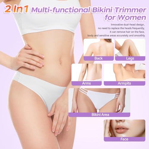 Dual Head Bikini Trimmer for Women, IPX7 Waterproof Wet & Dry Use, Electric Bikini Shaver and Epilator 2-in-1 Electric Razors for Women Bikini Underarm Body Leg Arm Face Intimate Areas,Purple