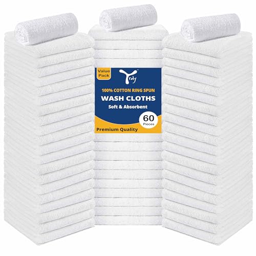 Bulk Cotton Washcloths 60 Pack - 12x12 Inch Soft Absorbent Face Cloths