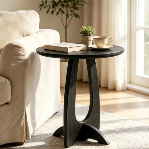 Solid Wood Round End Table - Black Mid-Century Modern Side Table