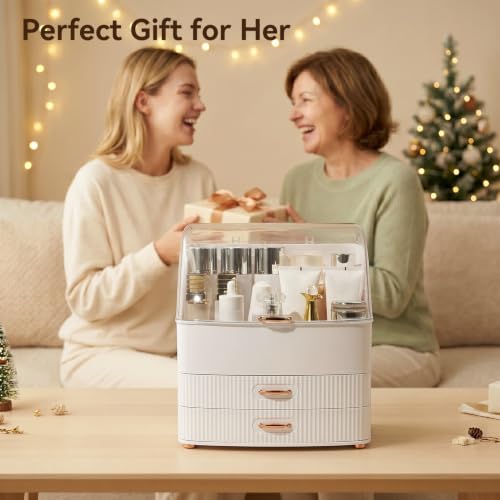 Makeup Organizer Countertop with Lid and 2 Drawers - White, Large Capacity