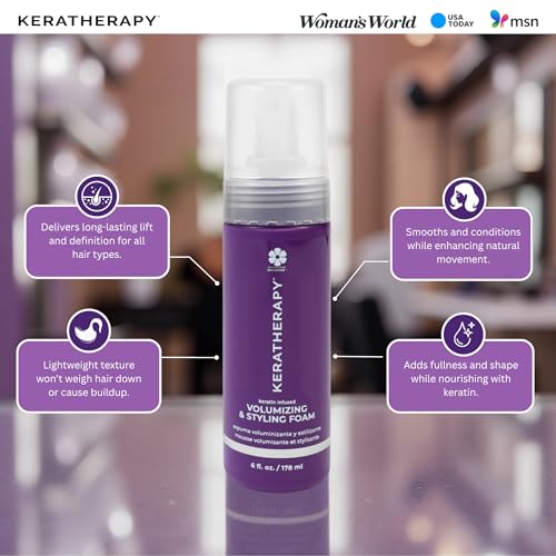 KERATHERAPY Keratin Infused Volumizing Nourishing Styling Foam, 6 fl. oz., 178 ml - Hair Styling Foam with Sunflower Oil, Linseed Oil, & Olive Fruit for Shine & Frizz Control - Volumizing Mousse