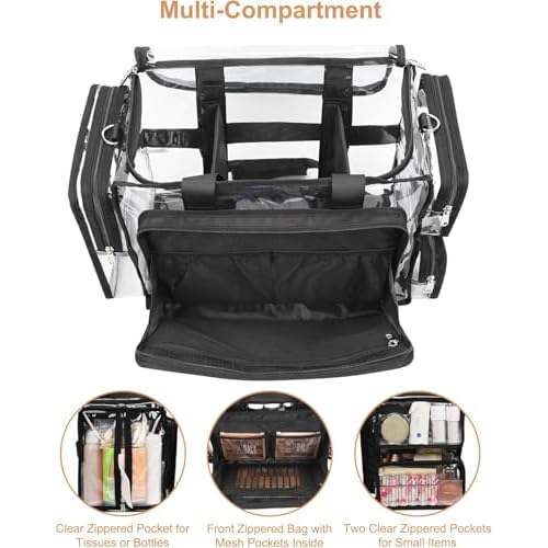 Relavel Clear Makeup Bag with 4 Small Pouches, Extra Large Makeup Artist Kit Set, Cosmetic Storage Organizer Transparent Tote Beach Toiletry Bag with Adjustable Dividers & Shoulder Strap