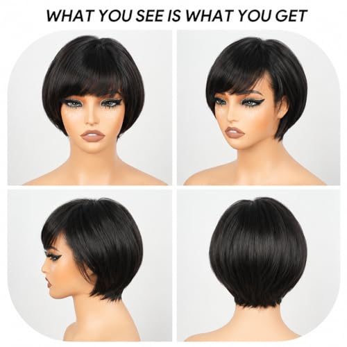 8 Inch Natural Color Human Hair Wigs with Bangs - HD Lace Front Bob Wig for Black Women