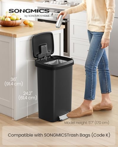 SONGMICS 12-Gallon Plastic Kitchen Trash Can with Soft Close Lid - Ink Black