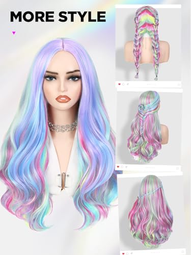 WIGER Multicolor Long Wavy Rainbow Wig 24 Inch Cosplay Costume Hair for Women Girls