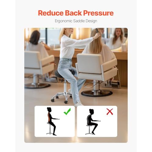 VEVOR Saddle Stool with Wheels, 450 LBS Weight Capacity Ergonomic Rolling Stool, Height Adjustable Thickened PU Leather Swivel Saddle Chair for Salon, Spa, Massage, Tattoo, Clinic, Black