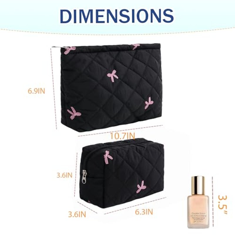 2Pcs Bowknot Makeup Bag Cute Bow Travel Cosmetic Bag Set for Women Girls Large Small Zipper Makeup Pouch for Purse Aesthetic Portable Toiletry Bag Organizer£¨Black£©