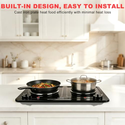 Double Burner Electric Hot Plate - Black, 1800W, Portable & Built-In