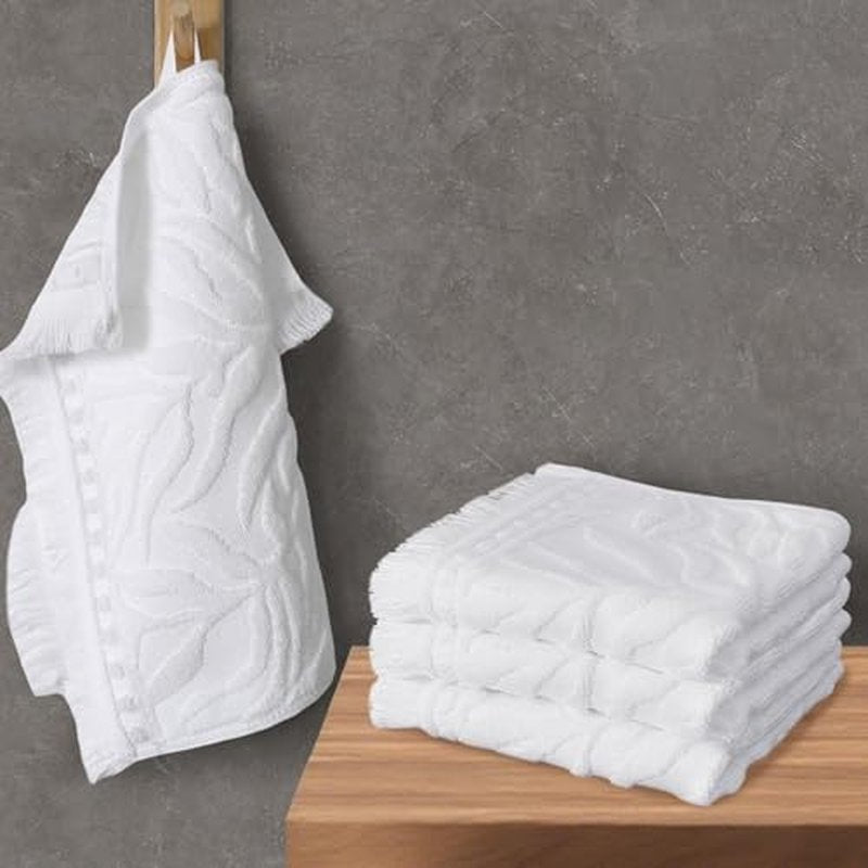 Luxury Jacquard Monstera Washcloths with Tassels, 4PC ? 100% Cotton Ultra-Absorbent & Quick Dry 13x13 Inch, Guest Bathroom & Facial Towels ? 520GSM Thick White Towel Set, Premium Bath Essentials