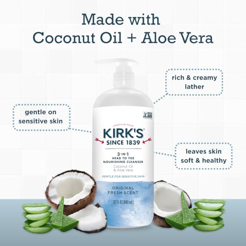 Kirk's 3-in-1 Fresh Nourishing Body Wash, Shampoo & Bubble Bath - 32 Fl Oz Pack of 2 - Coconut & Aloe Vera