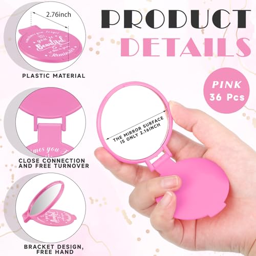 36 Pcs 2.76 Inch Inspirational Compact Mirror Bulk Women Small Gifts Graduation Party Favors Purse Mirror Pocket Mini Stuffer Items for Adult Coworker Cheerleader Employee (Pink)
