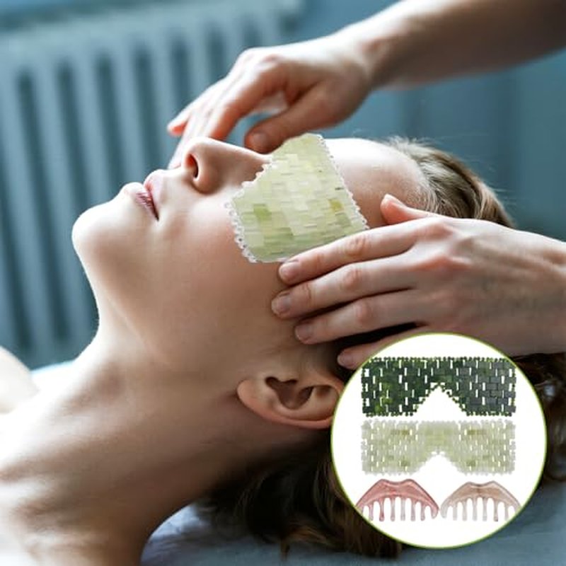 2 Jade Eye Mask and 2 Jade Comb Multi-Functional for Guasha Massage Facial Tools and Head Spa Tools Gifts, Totally 4 Pcs Esthetician Supplies (Both Colors)