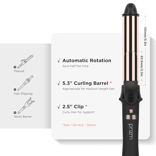 Prizm 1.25 Inch Curling Iron for Big Curls - Rotating Wand, LCD Display, 450°F, Auto-Shutoff, Dual Voltage - Variation of 1.25 Inch / 32mm