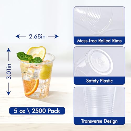 Disposable Plastic Cups 5oz Clear Tumblers - 2500 Pack, Party & Event Use - PP-2500Pack-5oz