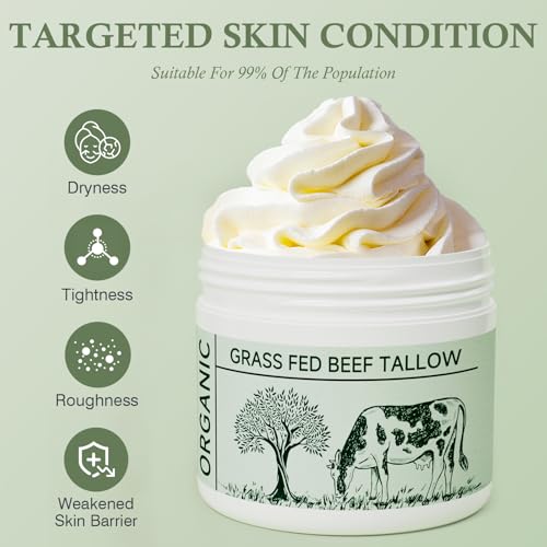 Beef Tallow, Tallow Face Moisturizer, Beef Tallow for Skin, Unscented 100% Organic Beef Tallow Blam Grass Fed Finished Whipped Tallow Face Cream Moisturizer Body Lotion Skin Care for Sensitive Skin