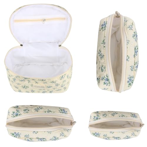 Cute Makeup Bag Set for Women - Quilted Floral Travel Cosmetic Organizer - Blue Rose, 4 Pack