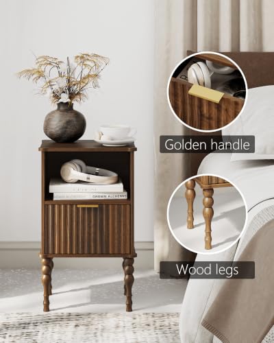 Walnut Small Wooden Nightstand with Drawer - Modern Fluted Design, Compact Bedroom Storage
