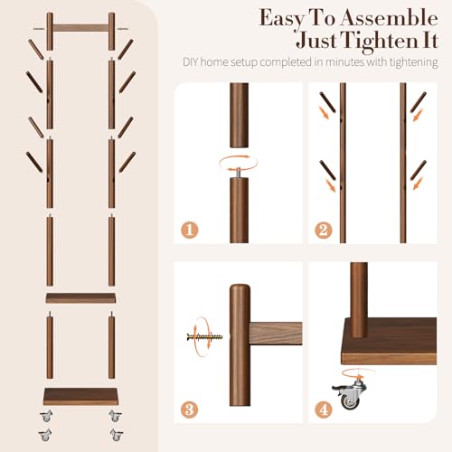 Yoobure Walnut Freestanding Coat Rack with 8 Hooks & Shelves - Portable Wooden Clothing Stand, 15.8"