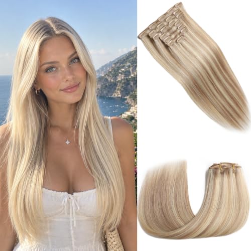 Clip in Human Hair Extensions 18 Inch 120g - Highlight Golden Brown & Bleach Blonde, 7Pcs - Virgin Remy Hair