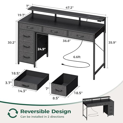 Huuger 47-Inch Black Gaming Desk with LED RGB Lights, 6 Drawers & Power Outlets