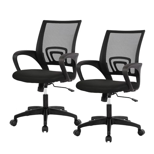 Ergonomic Office Chair Pack of 2 - Mid-Back Swivel Desk Chairs with Breathable Mesh & Lumbar Support - Dark Black