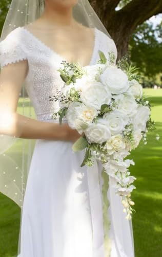 12 Inch Cascade Wedding Bouquet for Bride - Ivory & Champagne - Faux Silk Flowers