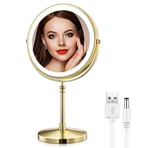 Gold Lighted Makeup Mirror with 10X Magnification, 8-Inch Rotatable Vanity Mirror - Variation: Gold