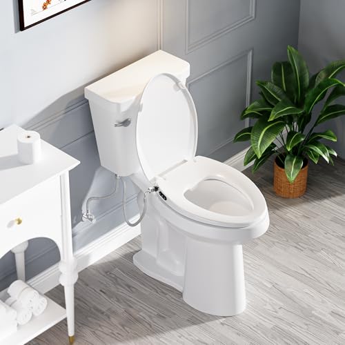 Elongated Bidet Toilet Seat with Soft Close, Button & Knob Control, White, Black Buttons Variation