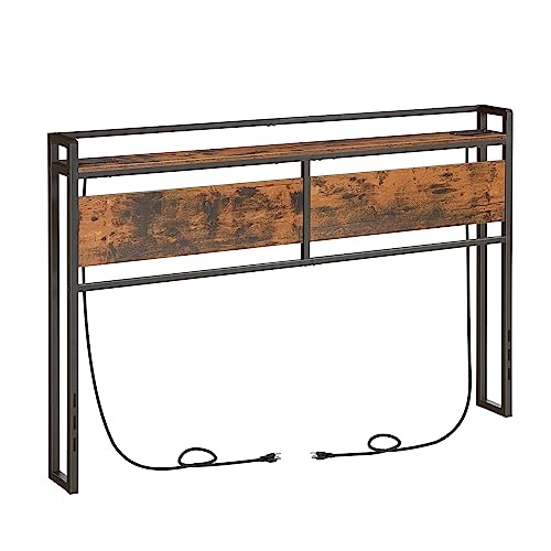 Queen Size Headboard with Outlets & USB Ports, Rustic Brown & Black, Adjustable Storage Rack