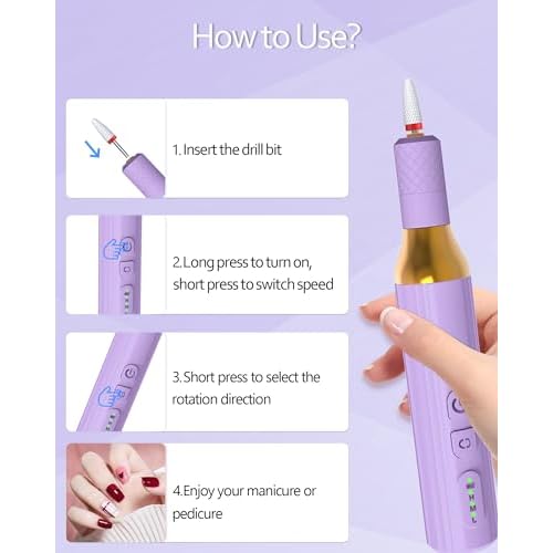 Nail Drill,Cordless Electric Files for Gel Nails E-File Manicure Kit Women Rechargeable Cordless Drill para U?as Profesional Machine Grinder Acrylic Purple