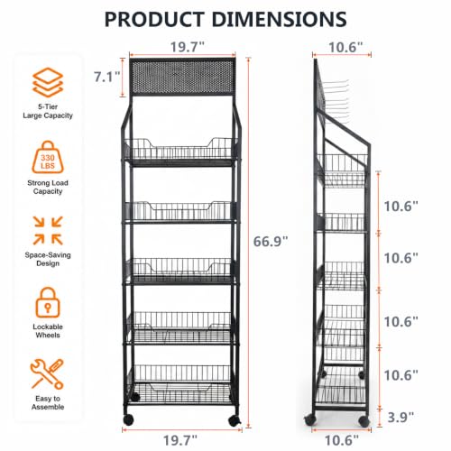 Black 5-Tier Snack Rack Display Stand with Wheels - Chip & Candy Merchandiser