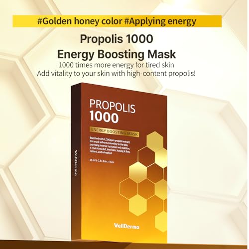 WELLDERMA Propolis 1000 Energy Boosting Sheet Mask ? 5 Sheets | Korean Face Mask for Hydration, Vitality & Radiant Care | Infused with Propolis Extract 1,000ppm & Honey