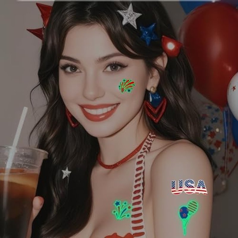 80PCS Luminous Temporary Tattoos,American Flag Red White and Blue Decor, Fourth of July,USA Party Favors,Memorial Day,Independence Day,Labor Day Decorations Glow Party Supplies