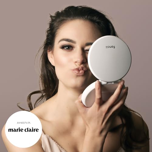Fancii LED Lighted Travel Makeup Mirror, 1x/10x Magnification - Daylight LED, Compact, Portable, Large 5" Wide Illuminated Folding Mirror (Lumi) (White)