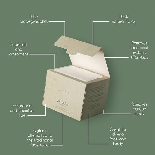 Whistle Wellness¢ç Disposable Face Towel 10"¡¿12", Resealable Box, Biobased Plant Based Ultra Soft, Thickness Face Towelettes XL, Makeup Remover Dry Wipes for Sensitive Skin, 50 Count (1 Pack)