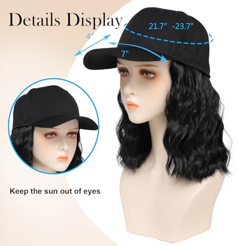 14 Inch Black Synthetic Wavy Wig Hat with Natural Wave Hair Extensions for Women — Adjustable Baseball Cap Style