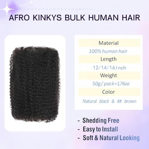 Natural Black Afro Kinkys Curly Human Hair Bulk 14 Inch for Braiding - 1 Pack 50g