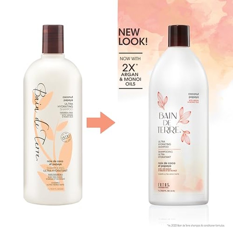 Bain de Terre Coconut Papaya Ultra Hydrating Shampoo, Moisture Quench for Dry, Damaged Hair, with Argan & Monoi Oils, Paraben-Free, Color-Safe, Vegan