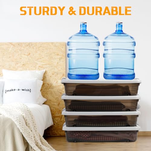 Beeveer 4 Pack Under Bed Storage Containers 23.7 x 15.8 x 5.2 Inches Brown - Large Capacity, Stackable with Wheels & Lids