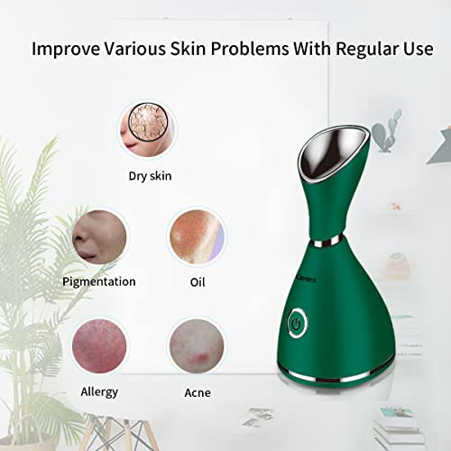 Facial Steamer-Nano Ionic Facial Steamer Warm Mist Humidifier Atomizer Sprayer Moisturizing Face Steamer Home Sauna SPA Face with 4 Piece Stainless Steel Skin Kit and Hair Band(Green)